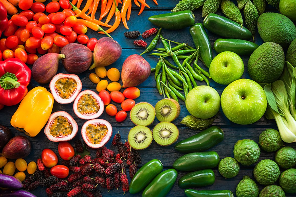 Flat lay of fresh fruits and vegetables for background
