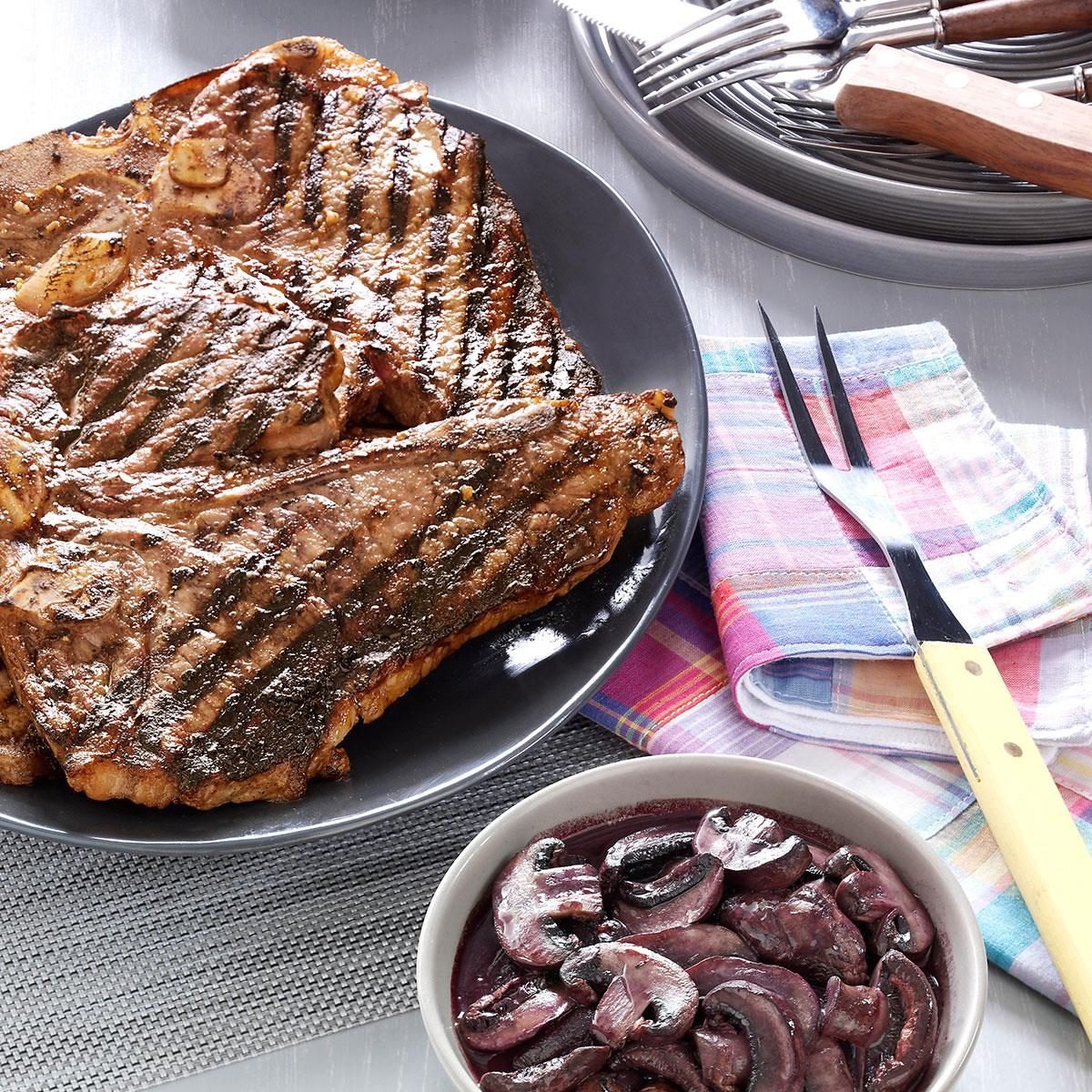Garlic-Rubbed T-Bones with Burgundy Mushrooms