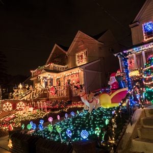 Night view of houses with Christmas Lights in the suburban Brooklyn neighborhood of Dyker Heights