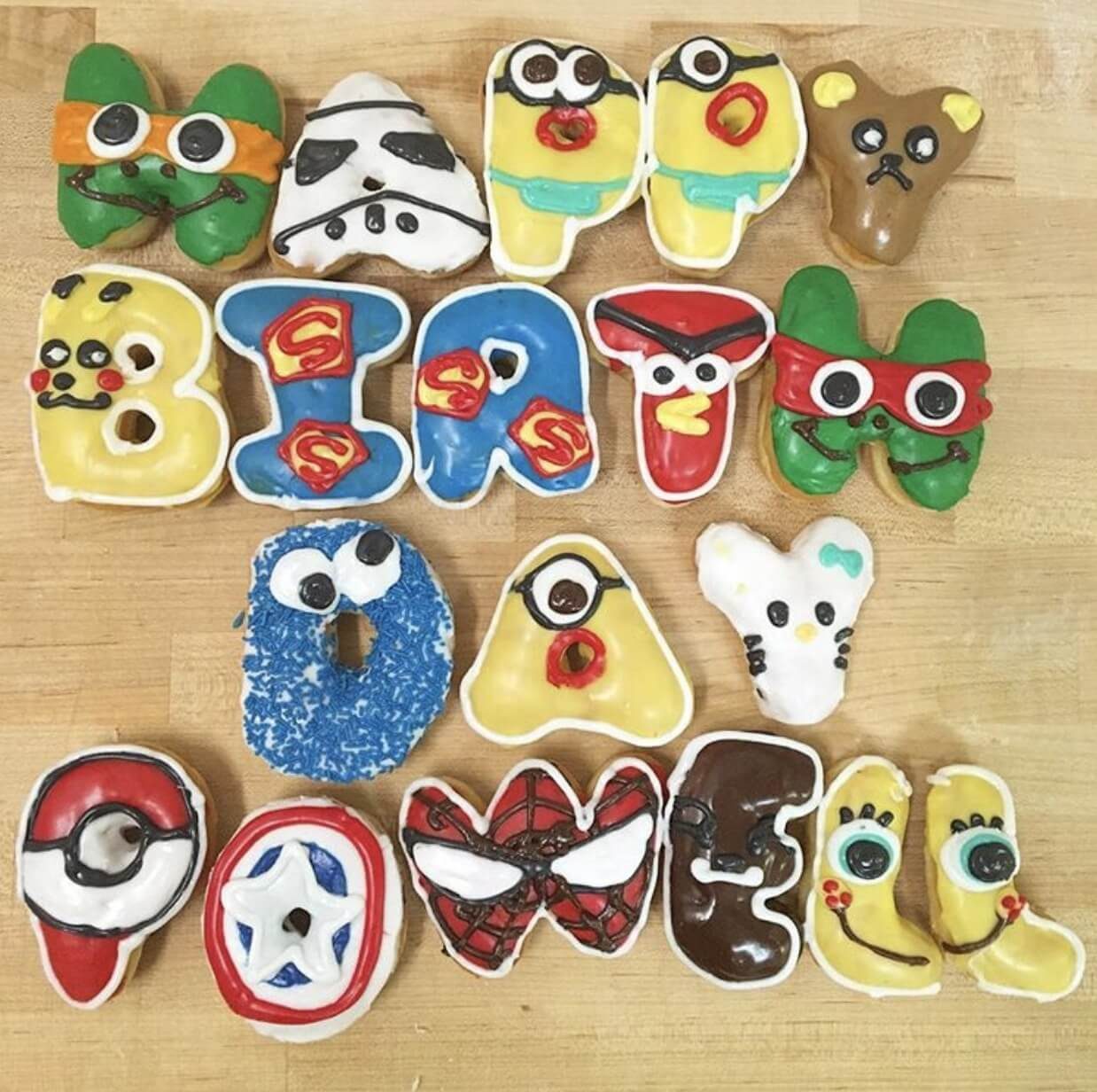 Donuts together to spell out 