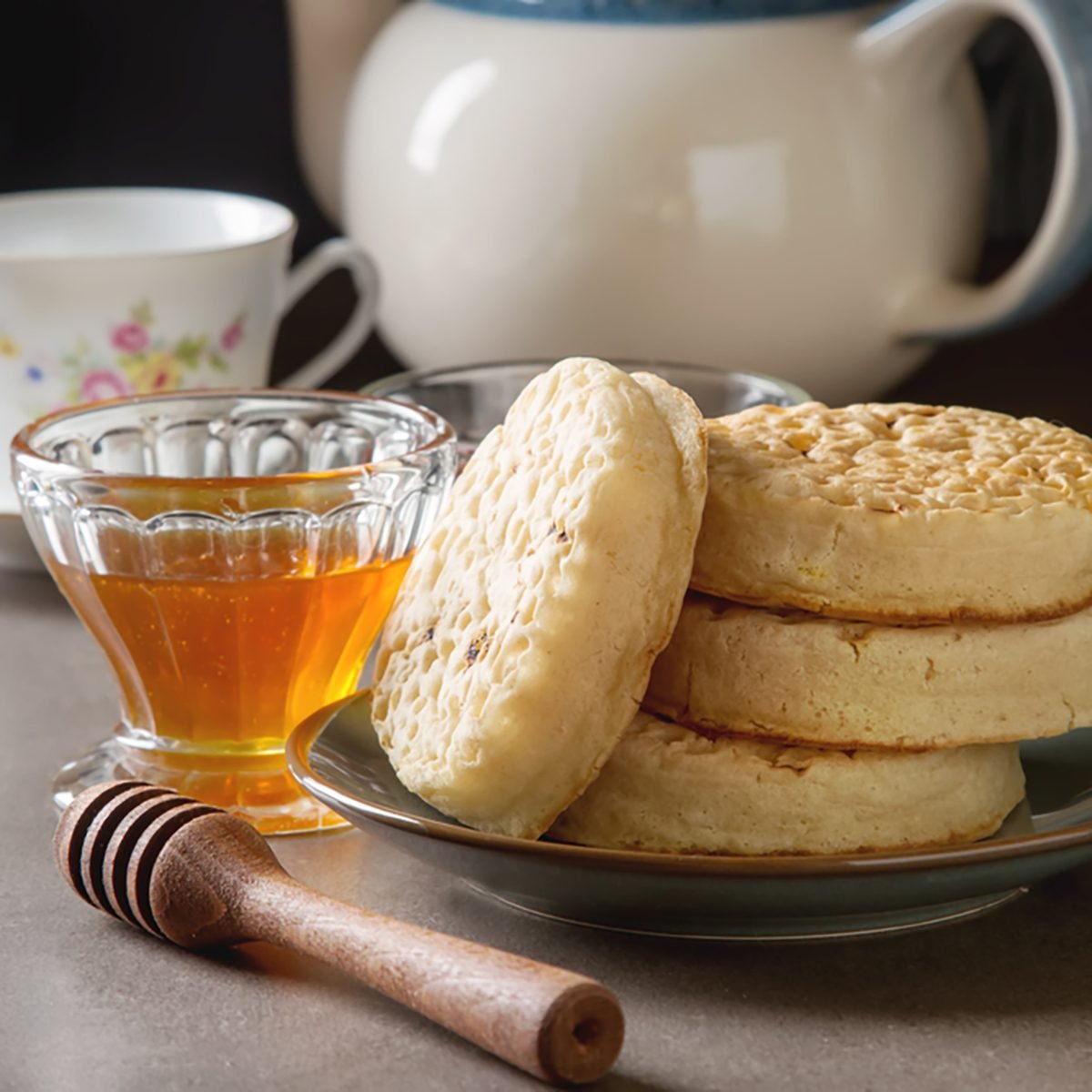 Hot Home made toasted crumpets served with honey and jams.