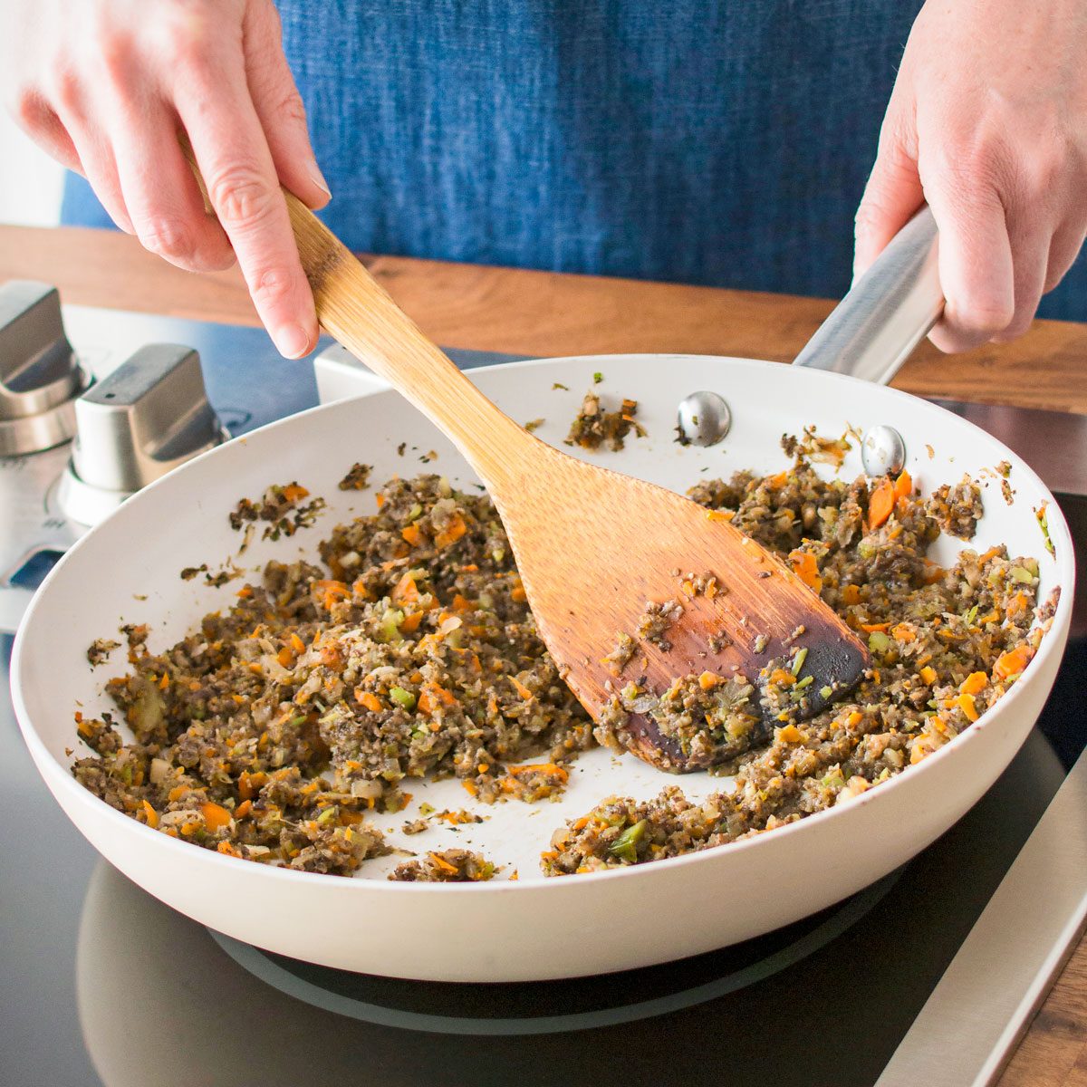 Cooking Mushroom Vegetable Mixture in a Pan