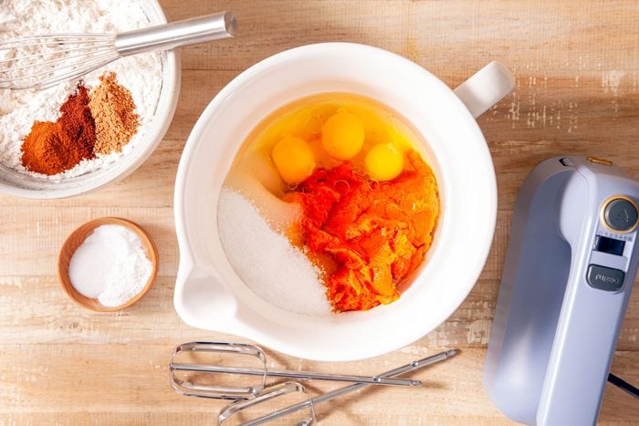 Mixing Ingredients to make Pumpkin Streusel Muffins