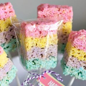 Layered rice krispie peep treats on sticks