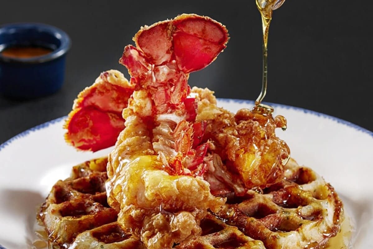 Lobster tail on waffles