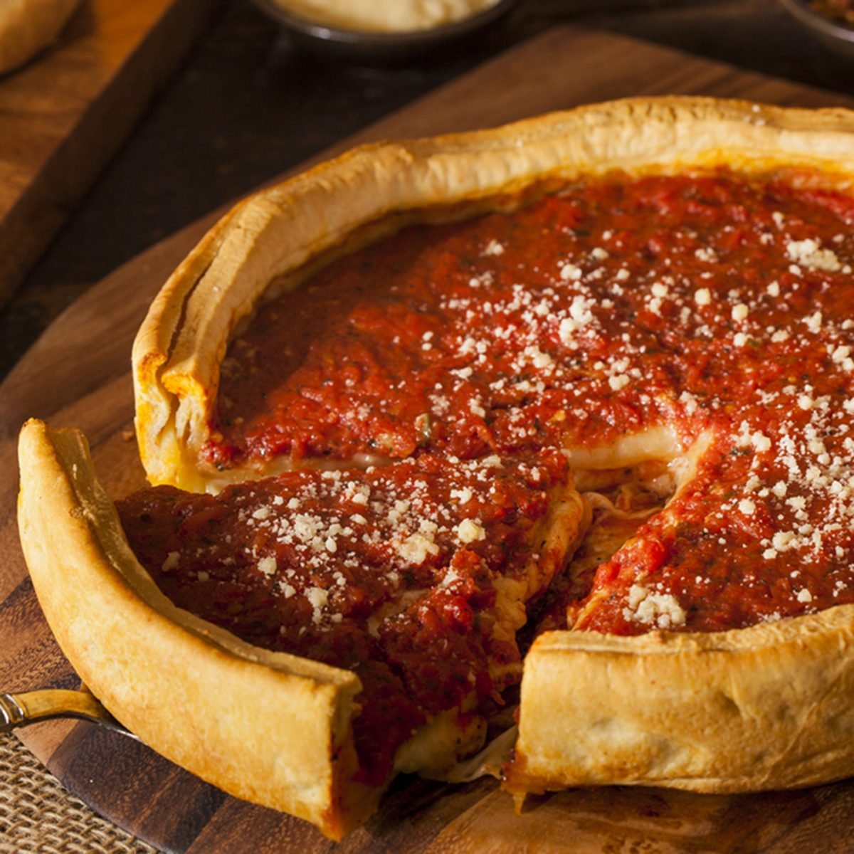 Chicago Style Deep Dish Cheese Pizza with Tomato Sauce; Shutterstock ID 172806653; Job (TFH, TOH, RD, BNB, CWM, CM): Taste of Home