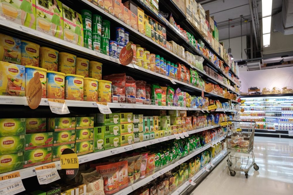 BANGKOK, THAILAND - JANUARY 27, 2018: Various of tea on shelf of Gourmet market at The Promenade Shopping Center in Bangkok. The Gourmet market is a grocery chain in Thailand.