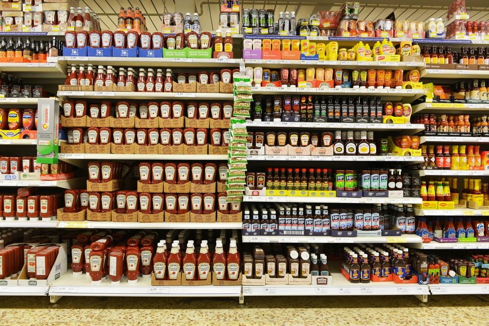 London, UK - December 12, 2014: Shelf view of a Tesco supermarket store. Britain