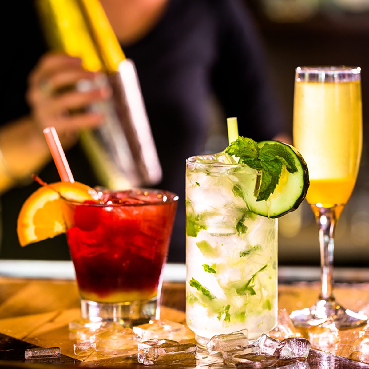 Colorful cocktail on top of the bar in Italian restaurant.