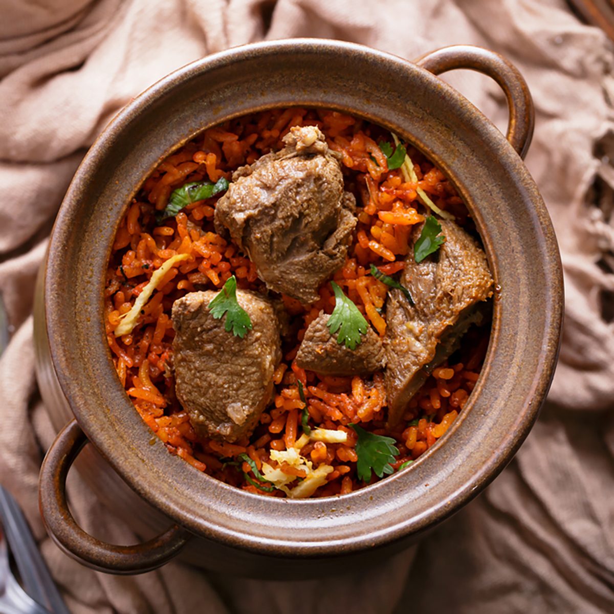 top view of indian dum biryani lamb