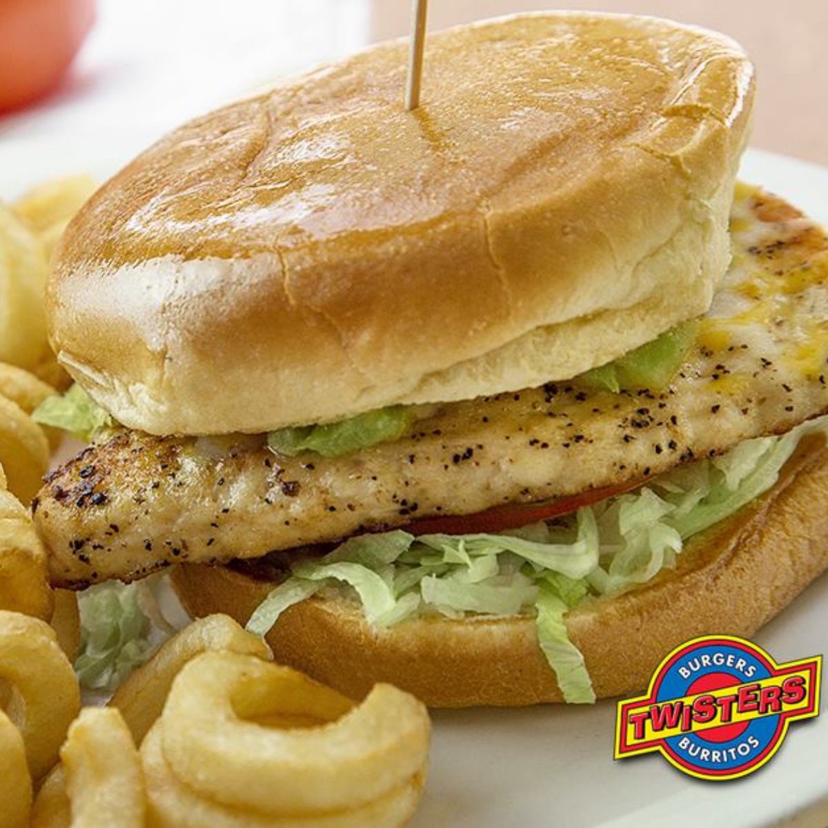 Chicken patty on a bun with curly fries