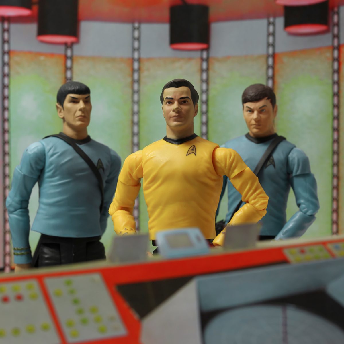 Recreation of a scene from the 1960s television science fiction show Star Trek, where Captain Kirk Doctor McCoy & Mr. Spock beam down to the planet surface 