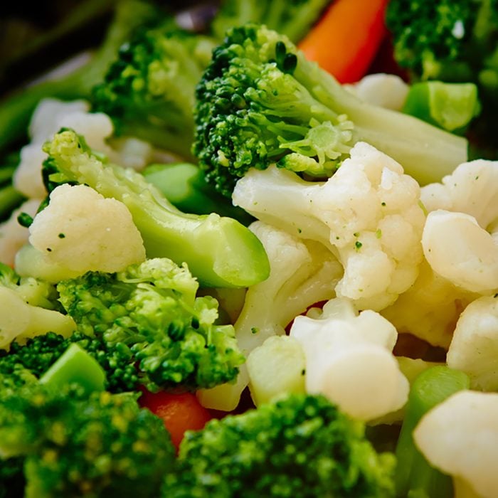 Steamed vegetables close up;