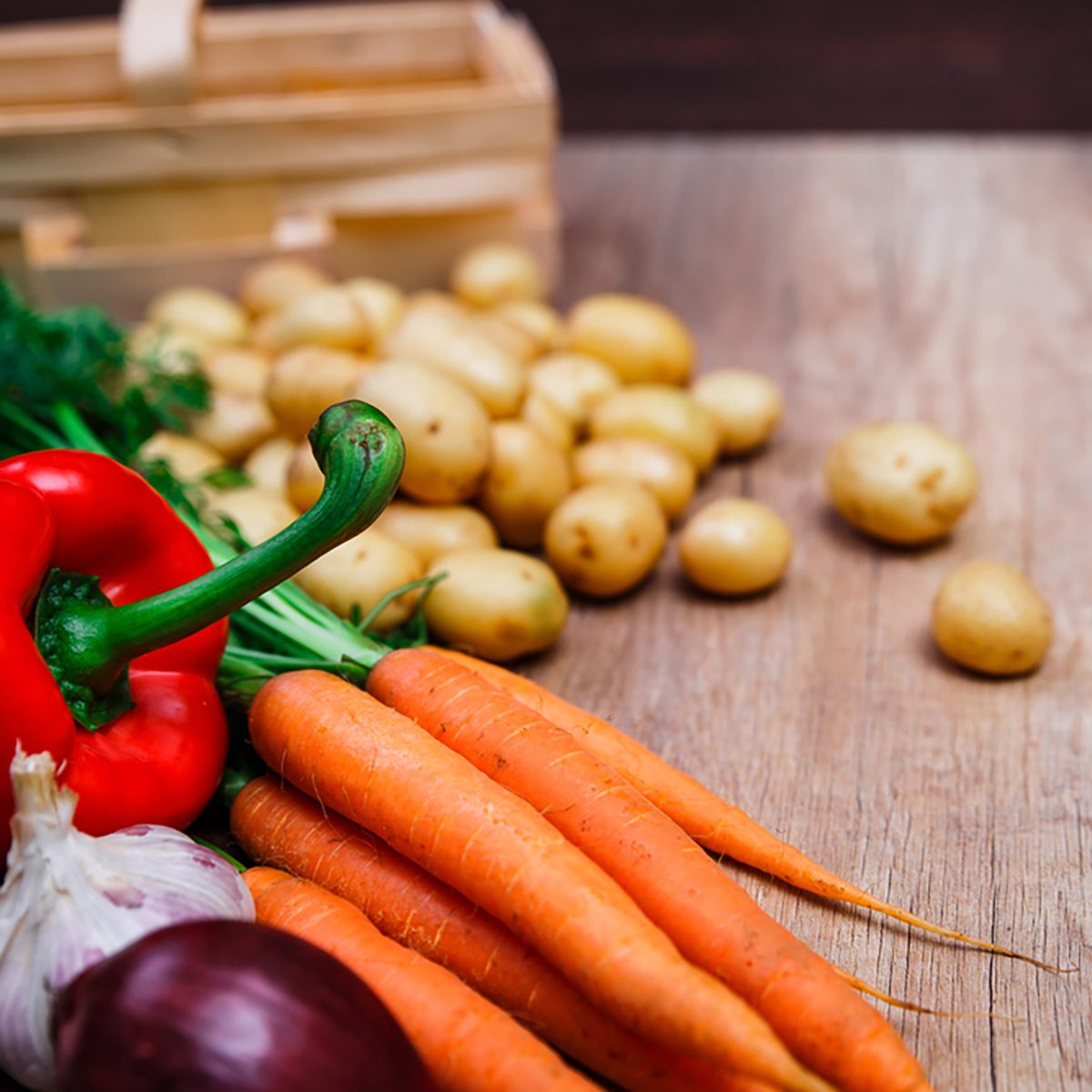 Vegetables. Potatoes, carrot and red pepper. Garlic and onion. Natural organic bio food.