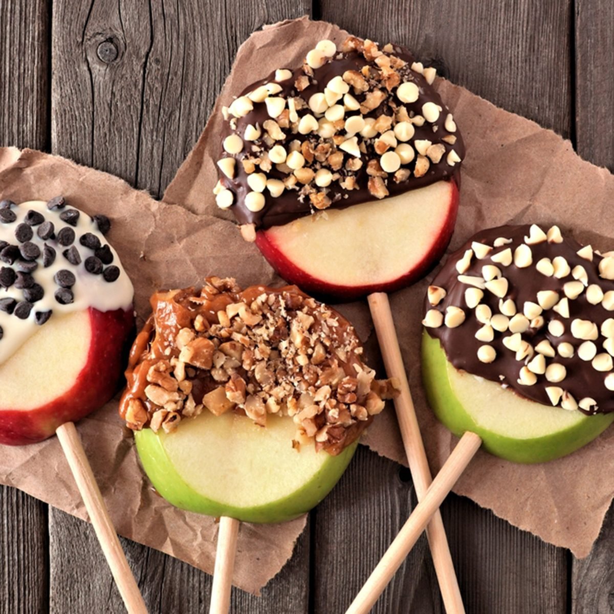 Mixed chocolate and caramel dipped apples rounds