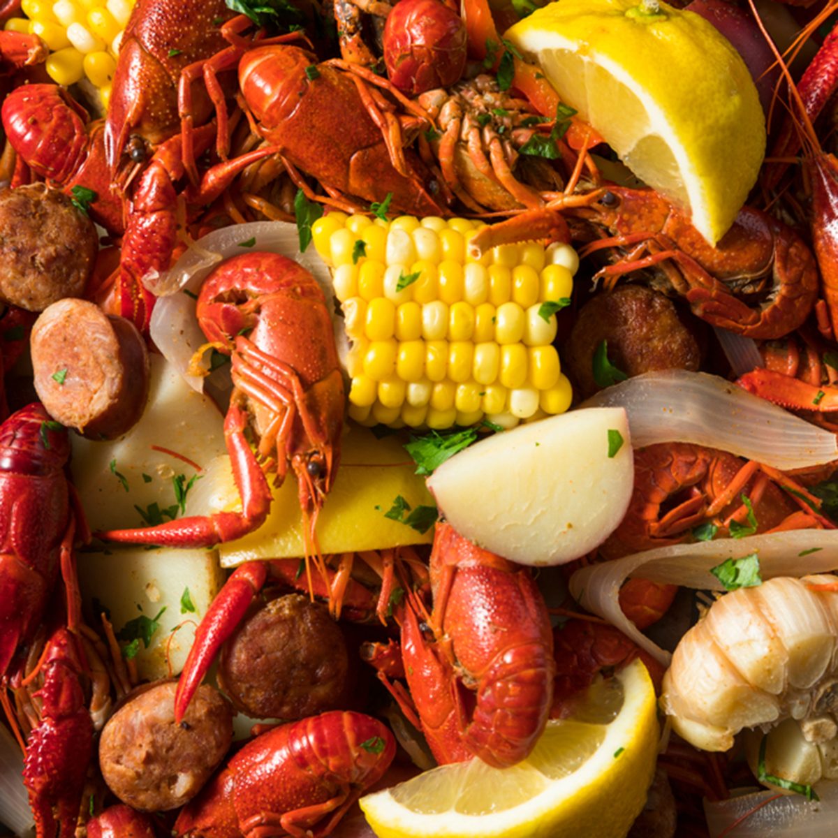 Homemade Southern Crawfish Boil with Potatoes Sausage and Corn; Shutterstock ID 1015153246; Job (TFH, TOH, RD, BNB, CWM, CM): t