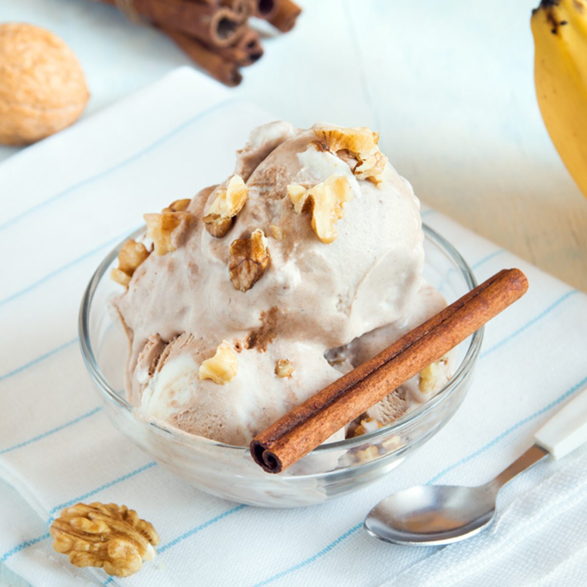 Healthy raw vegan banana and cinnamon ice cream (icecream) with walnut topping - healthy vegetarian diet vegan raw fruit organic delicious dessert, dairy free, gluten free ; Shutterstock ID 589293569; Job (TFH, TOH, RD, BNB, CWM, CM): Taste of Home