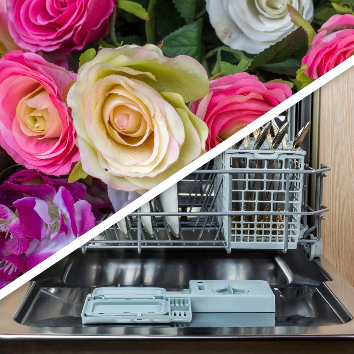 Fake flowers and dishwasher