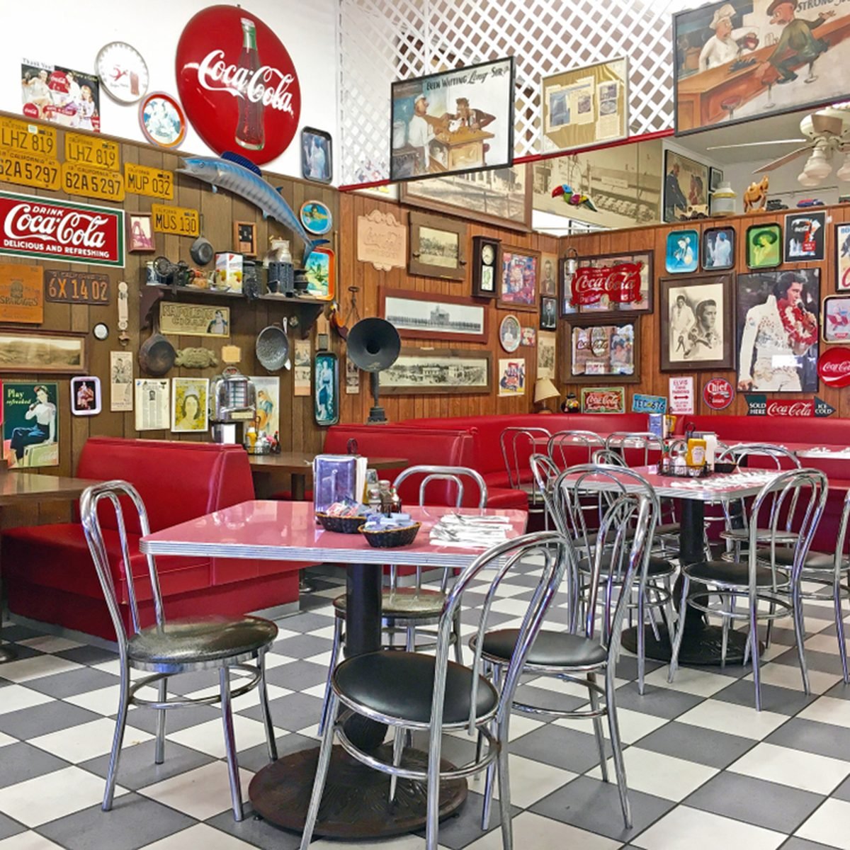 Interior of a local diner housing American memorabilia.