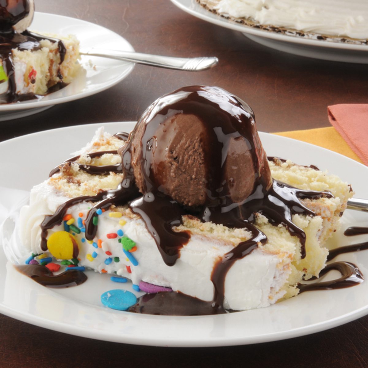 A slice of white birthday cake with chocolate ice cream; Shutterstock ID 141150268; Job (TFH, TOH, RD, BNB, CWM, CM): Taste of Home