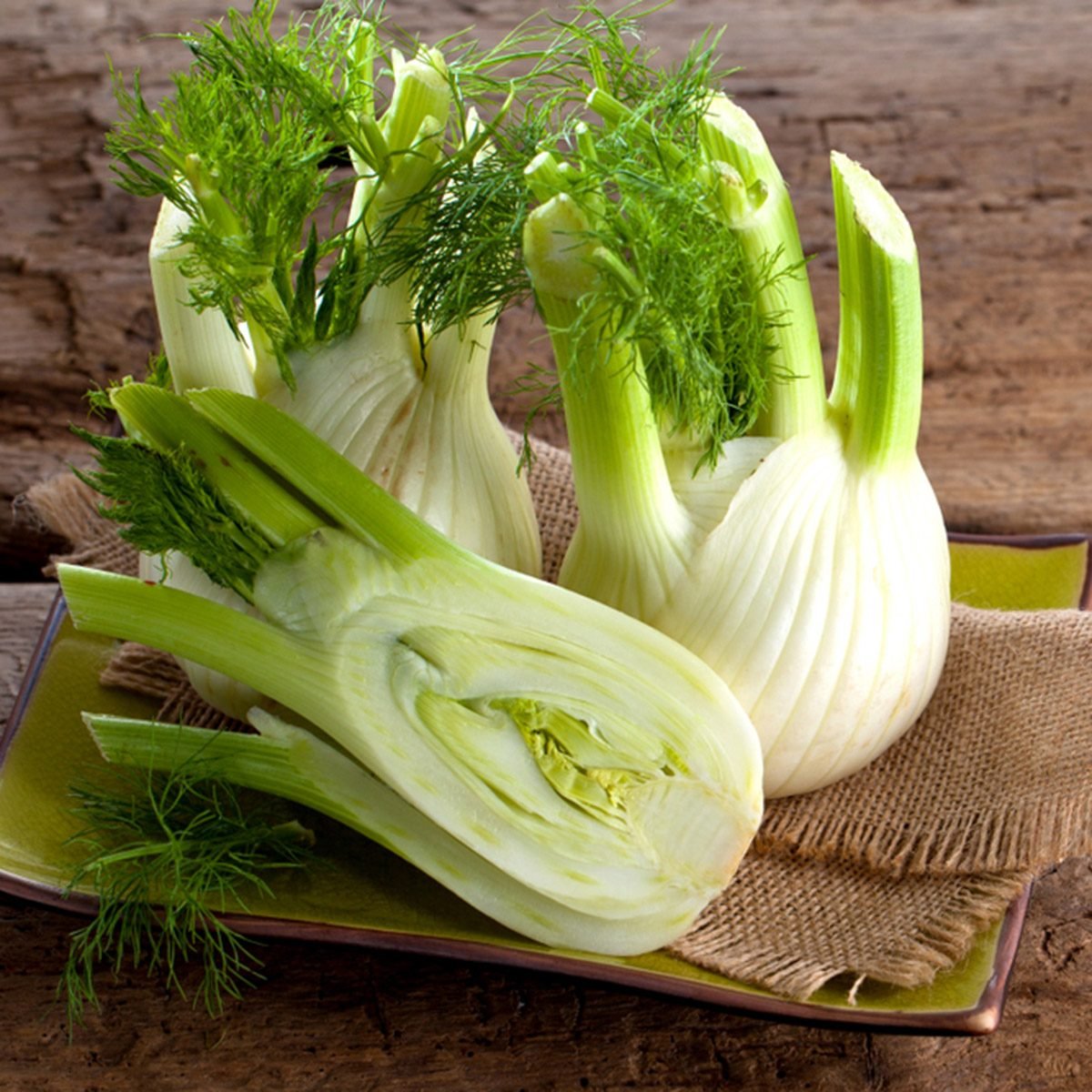 Fresh Florence fennel bulbs or Fennel bulb on wooden background.