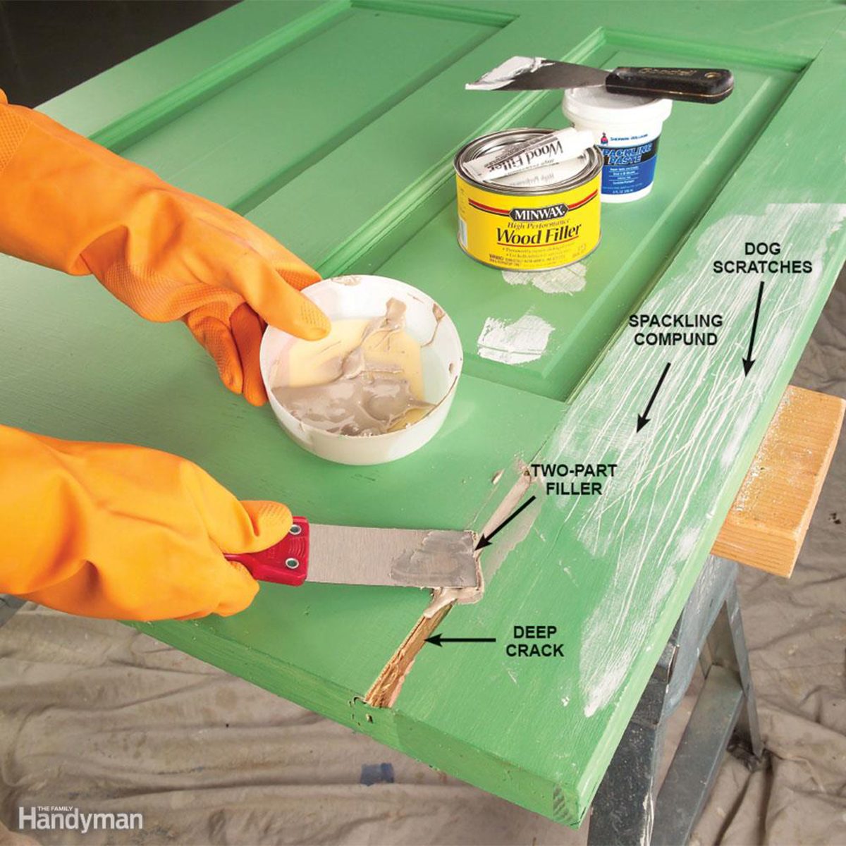 Filling in a hole in a green door