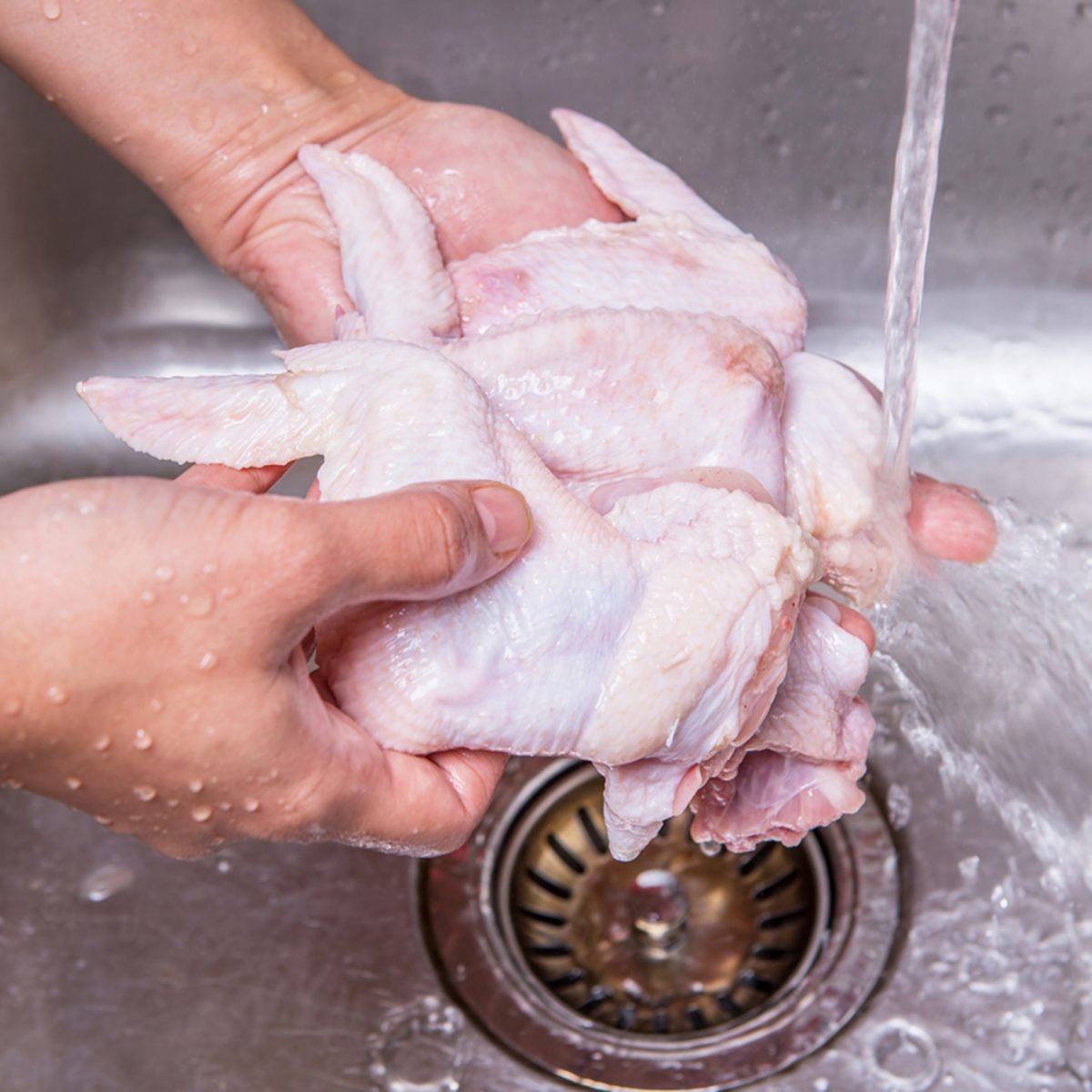 Female hands washing and cleaning chicken wings at the kitchen sink