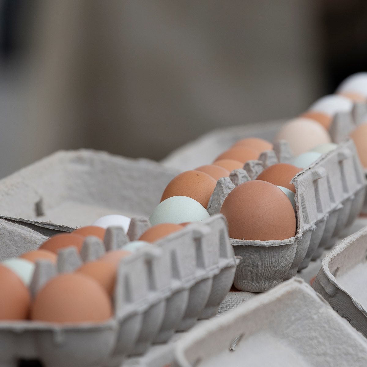 Gray cardboard cartons of brown, green and white chicken eggs for sale at a farmer