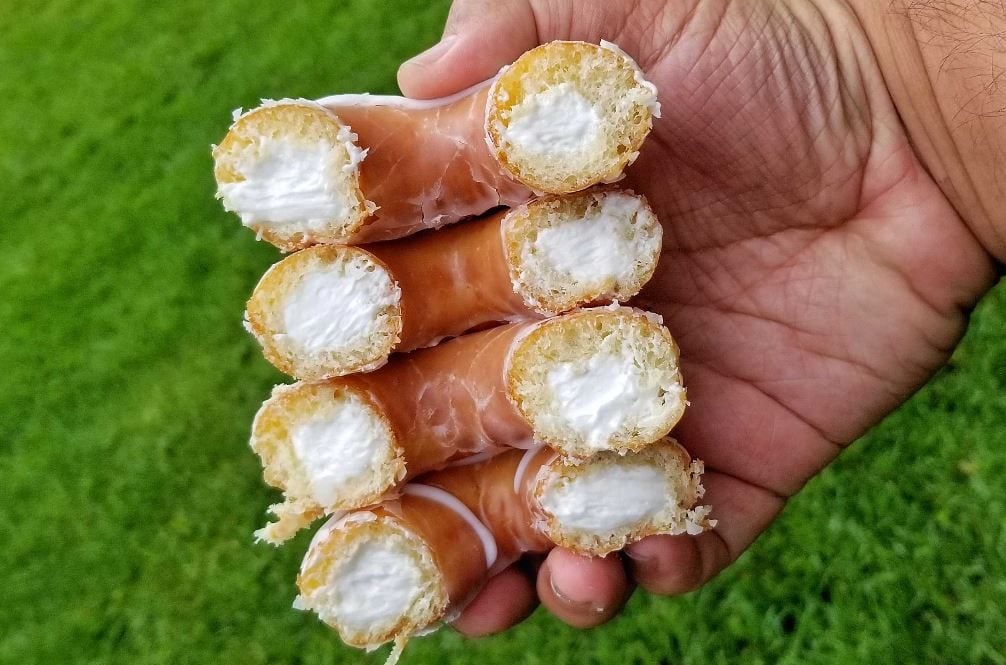 Halved Krispy Kreme donuts stacked