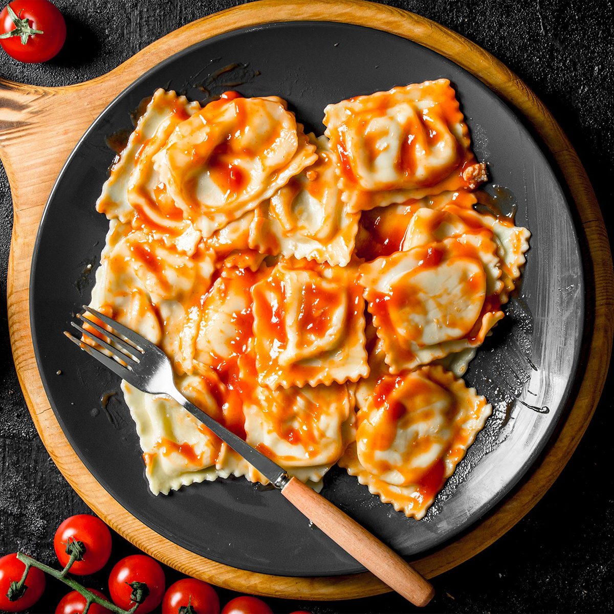 Ravioli with veal and tomato sauce.
