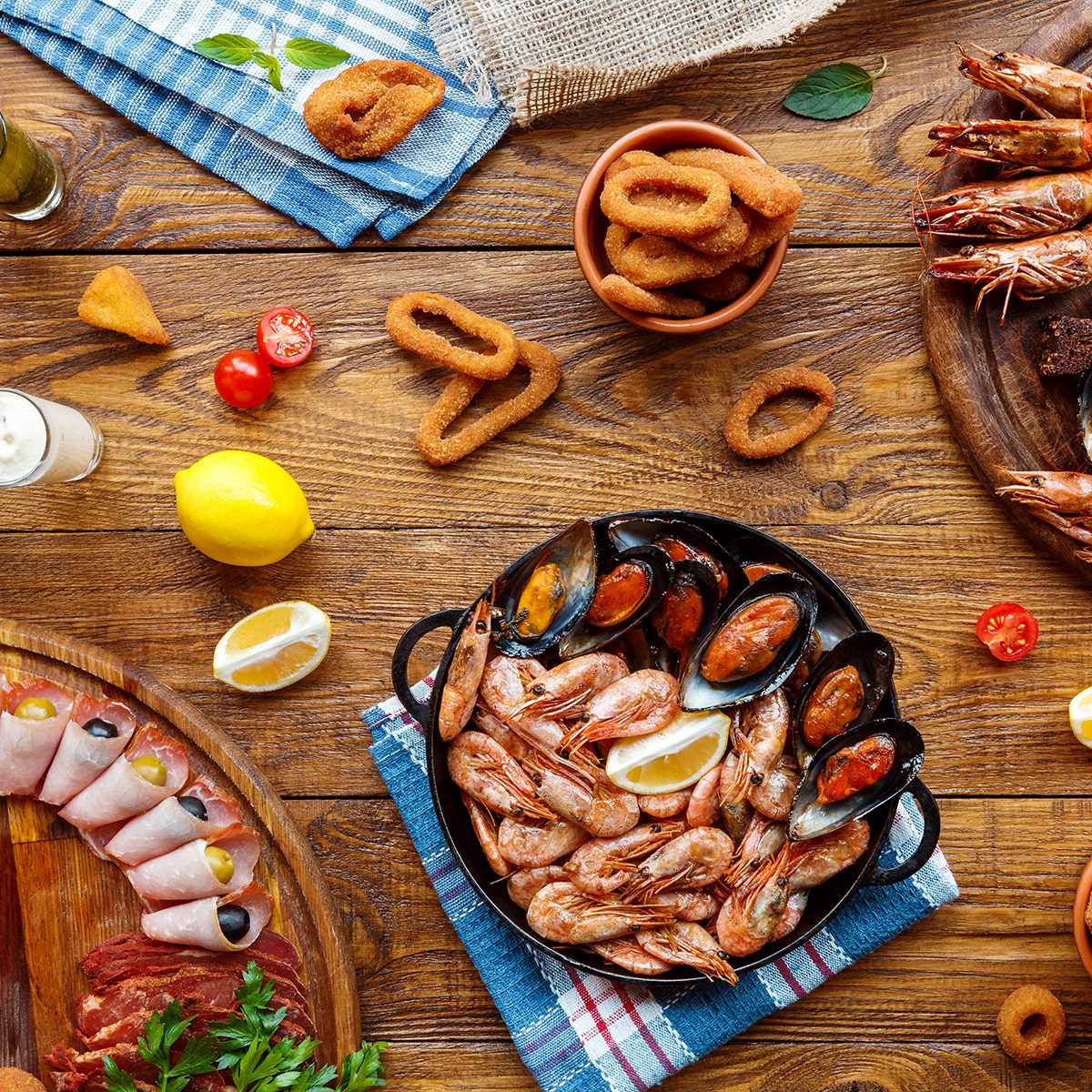Seafood platter top view, flat lay.