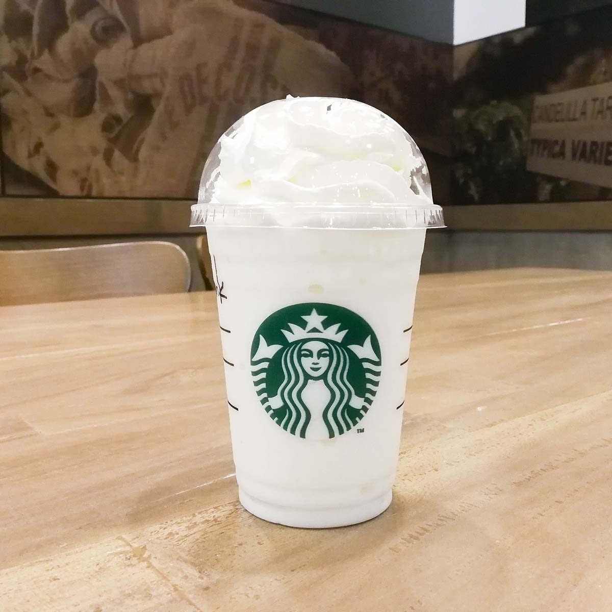 A cup of Starbucks coffee blended beverages, Vanilla bean frappuccino