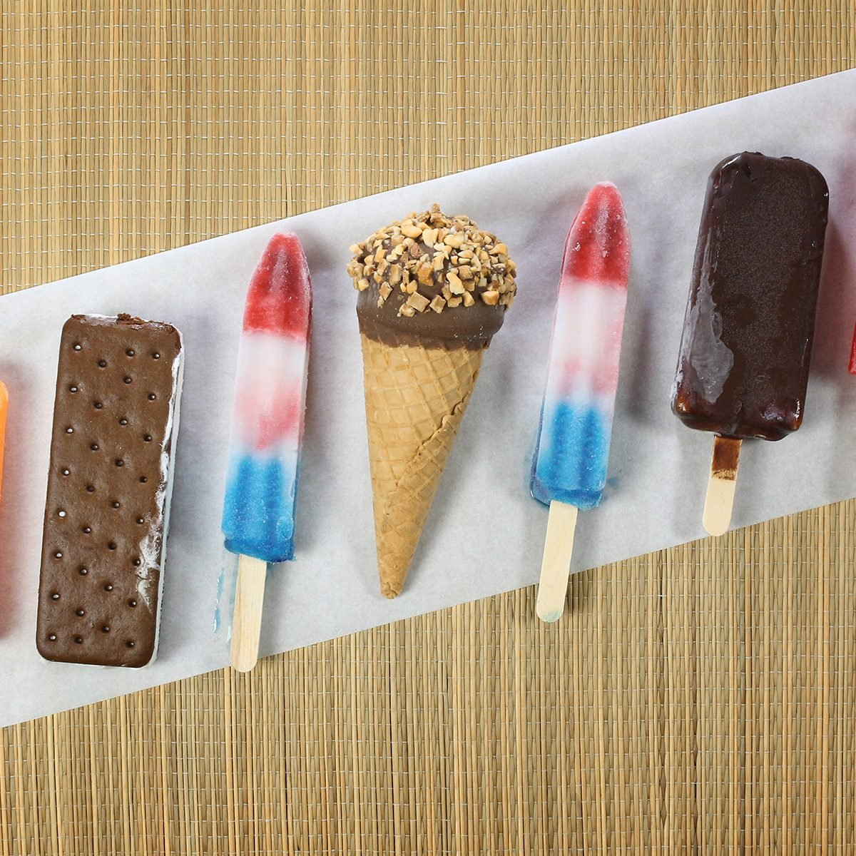 Ice cream bars including pop bombs photographed from above.