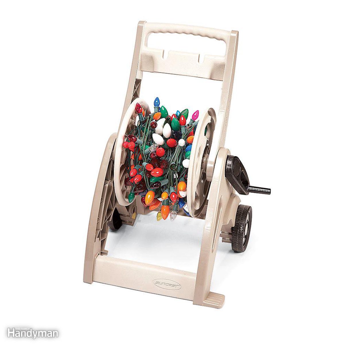 Christmas lights wrapped up like a garden hose