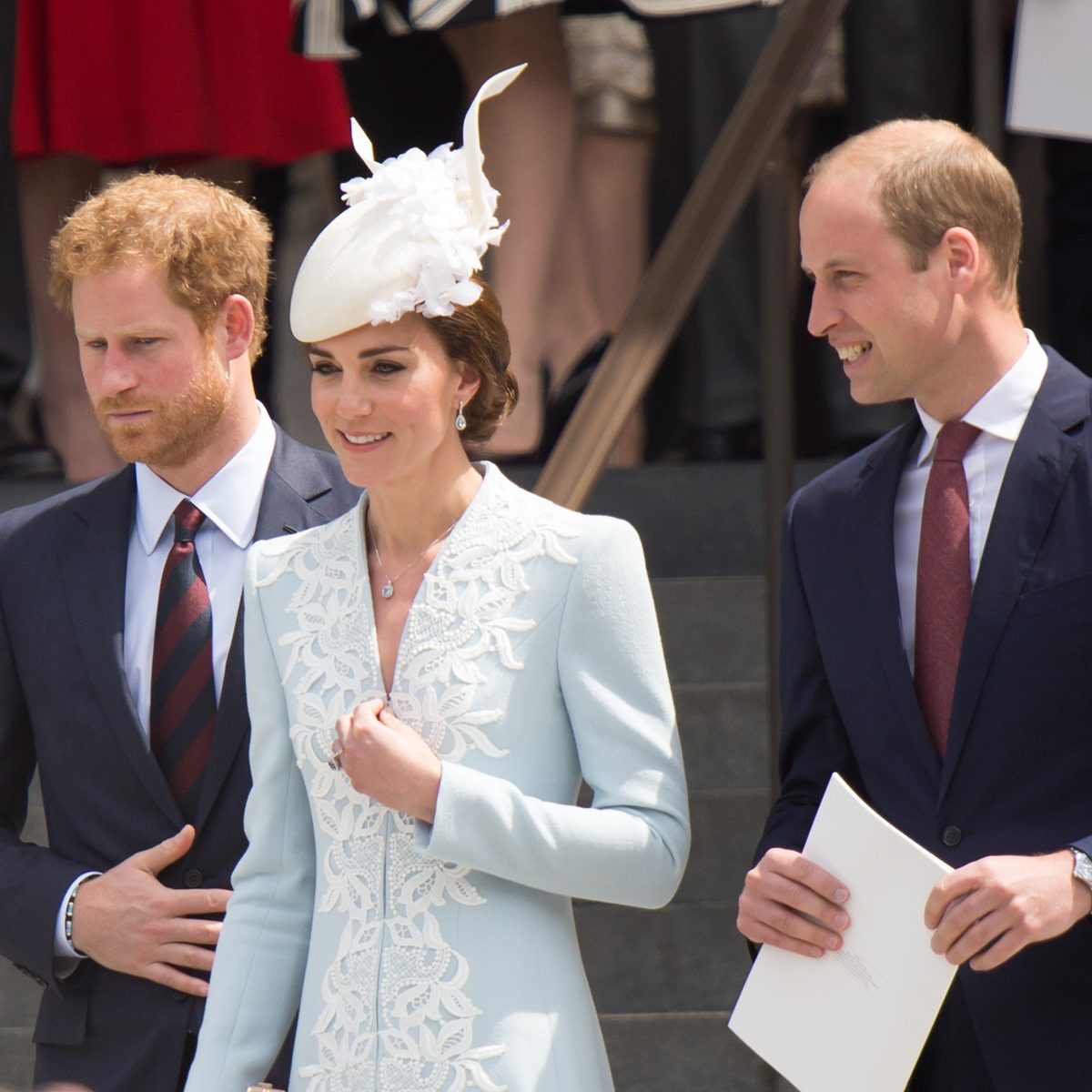 Princess Kate Middleton, Prince William and Harry are seen on the steps of St Pauls on the June 10, 2016 in London, UK