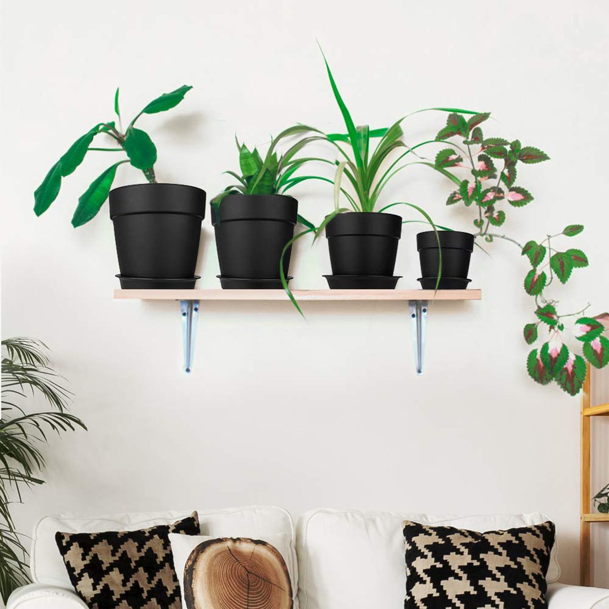 HOMENOTE 7/6.5/5/3.7 inch Plastic Planters Indoor Set of 4 Black Plant Pots with Drainage Trays Modern Round Flower pots for House Plants, Succulents, Flowers