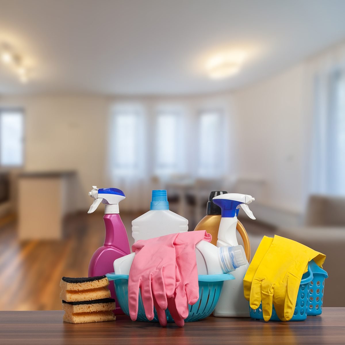 New modern living room with kitchen. New home. Interior photography. Wooden floor.
