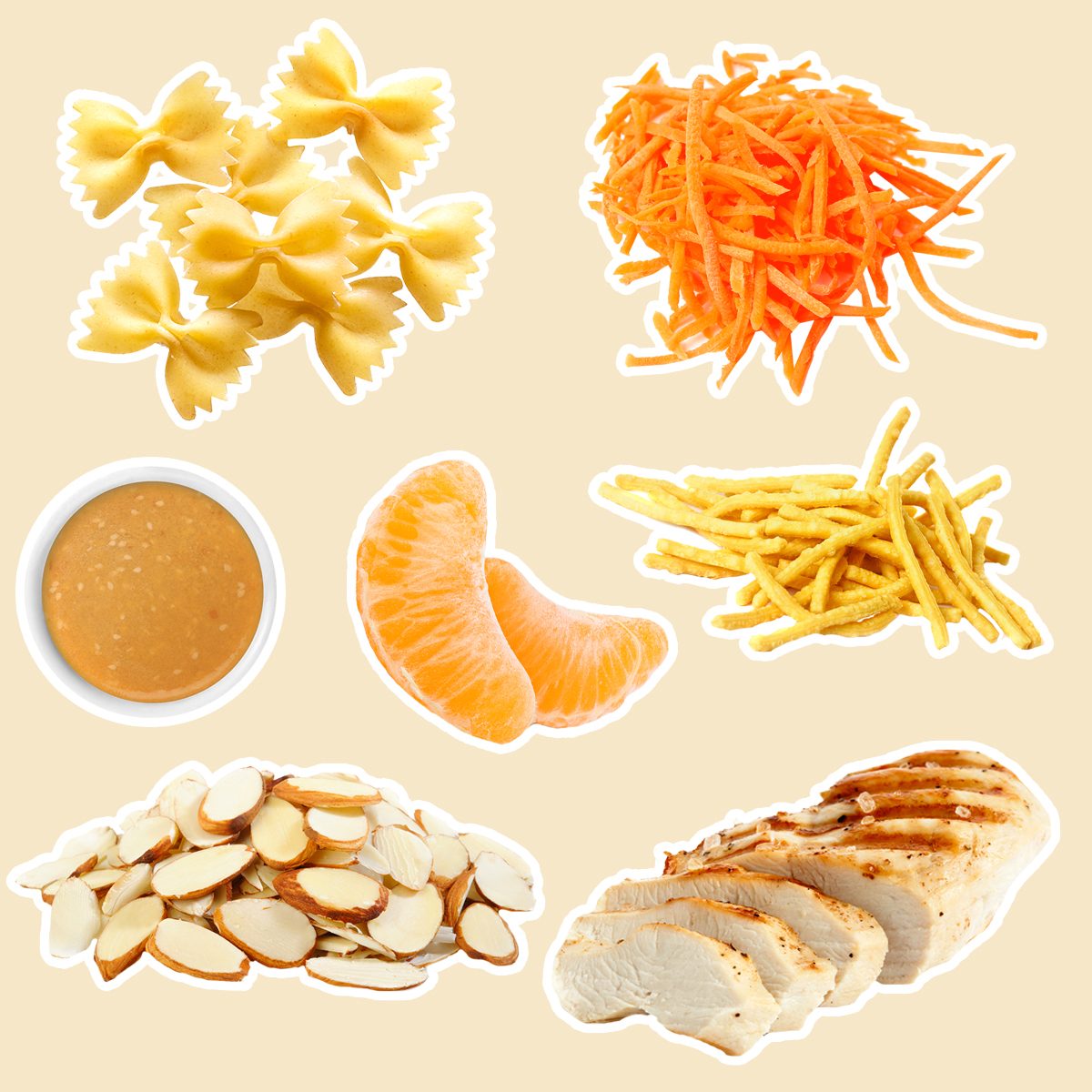 farfalle pasta with orange miso salad dressing, cubed breaded or grilled chicken, mandarin oranges, carrot shreds, sliced almonds and crispy chow mein noodles