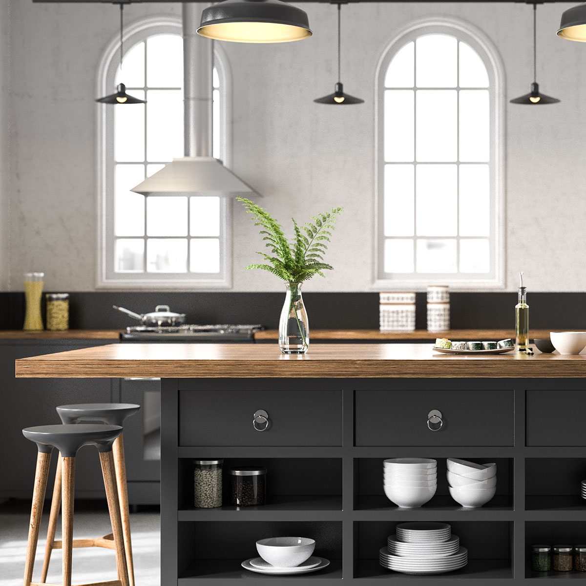Black industrial kitchen. Render image.