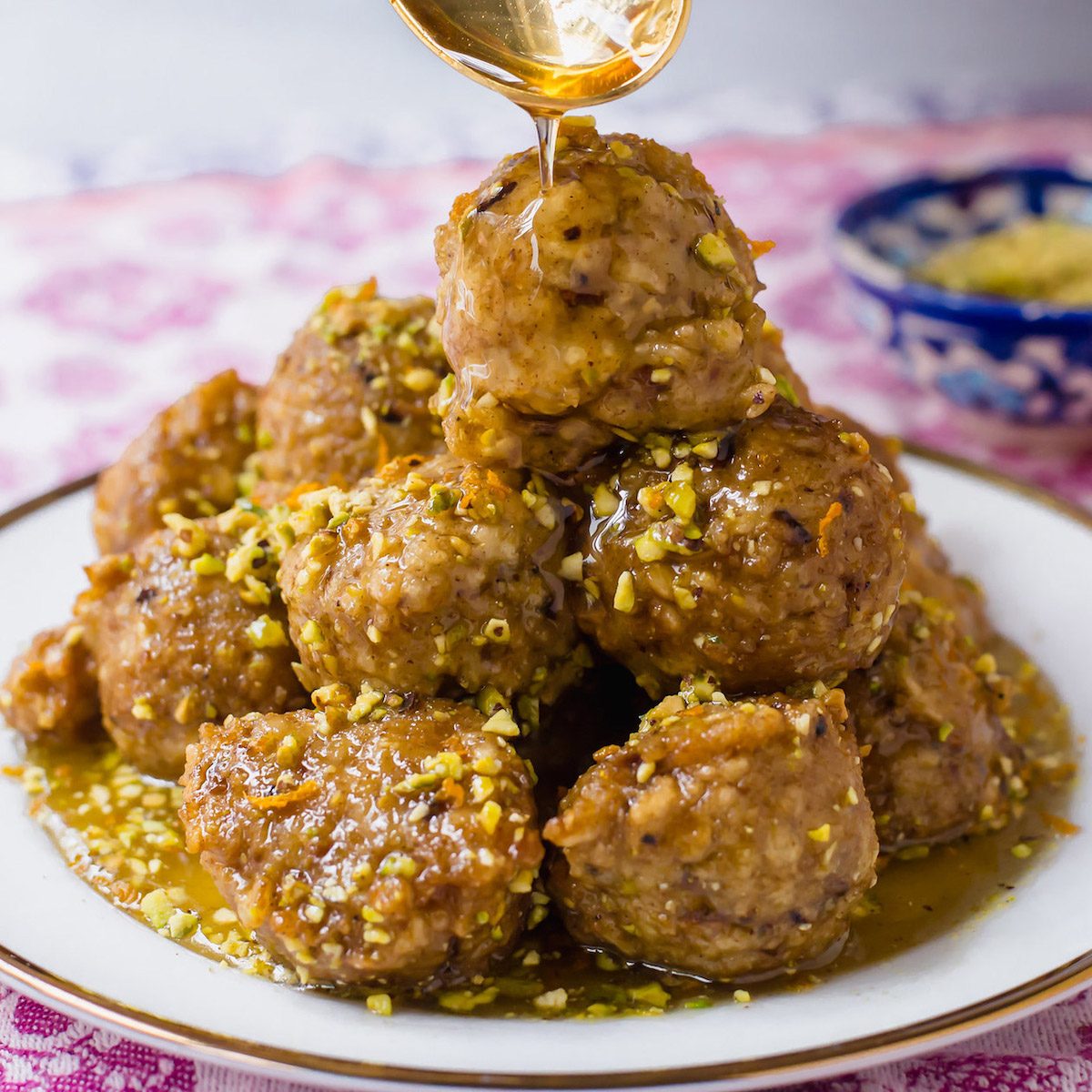 A plate of baklava bimuelos for Passover.