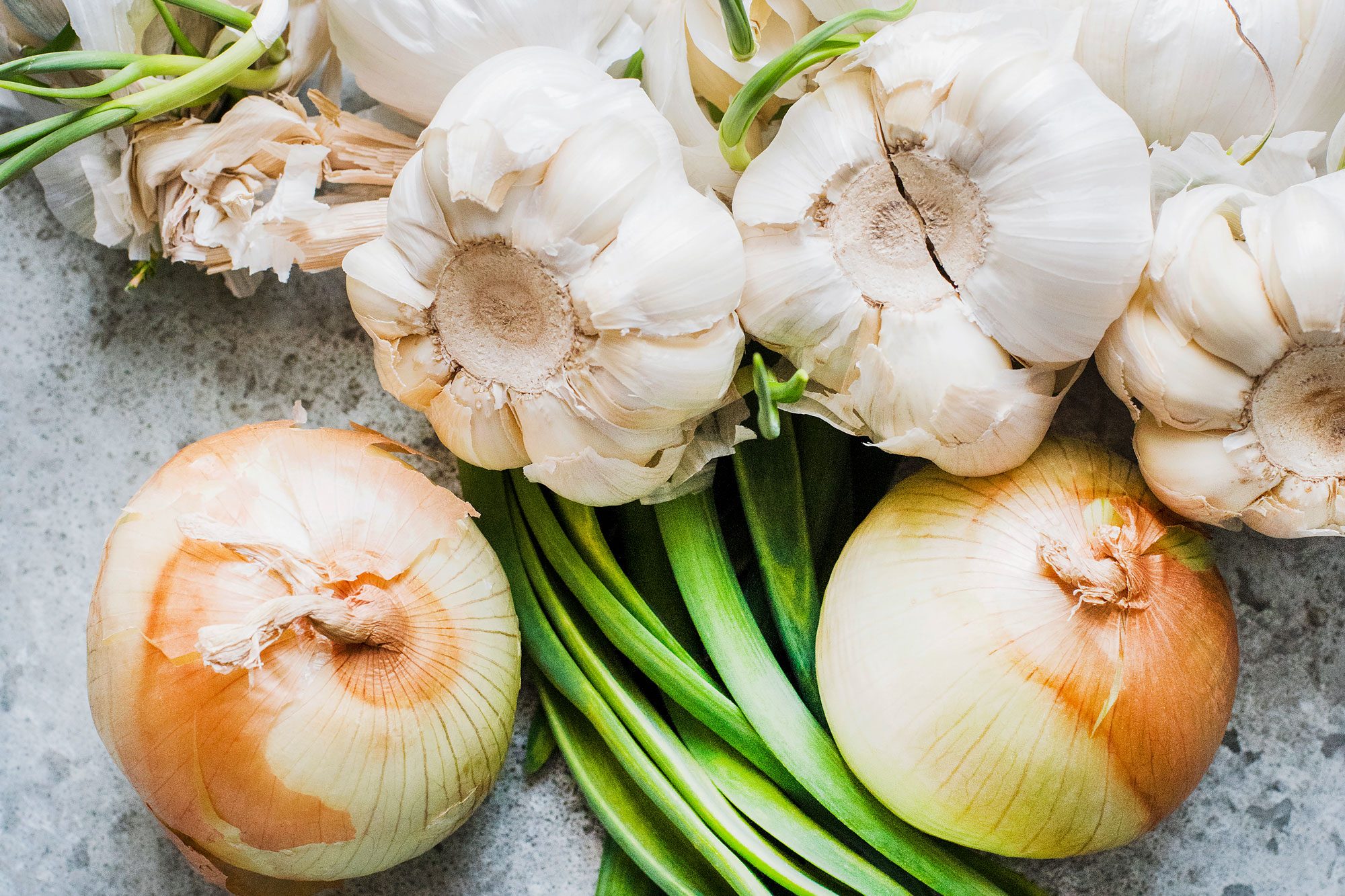 Overhead View Of Onions And Garlic