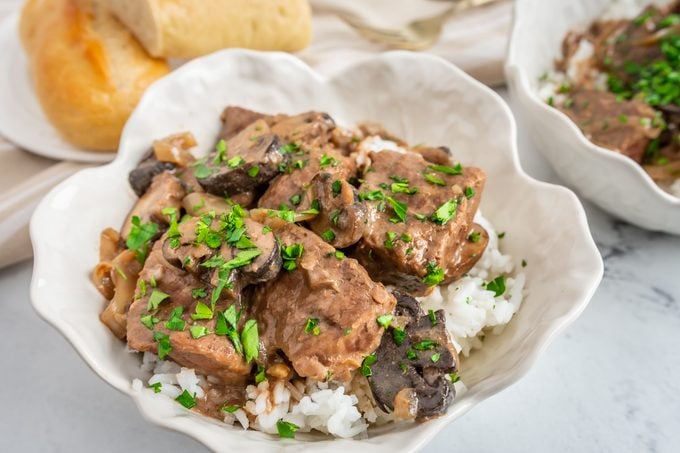 Joanna Gaines beef tips in a bowl with rice