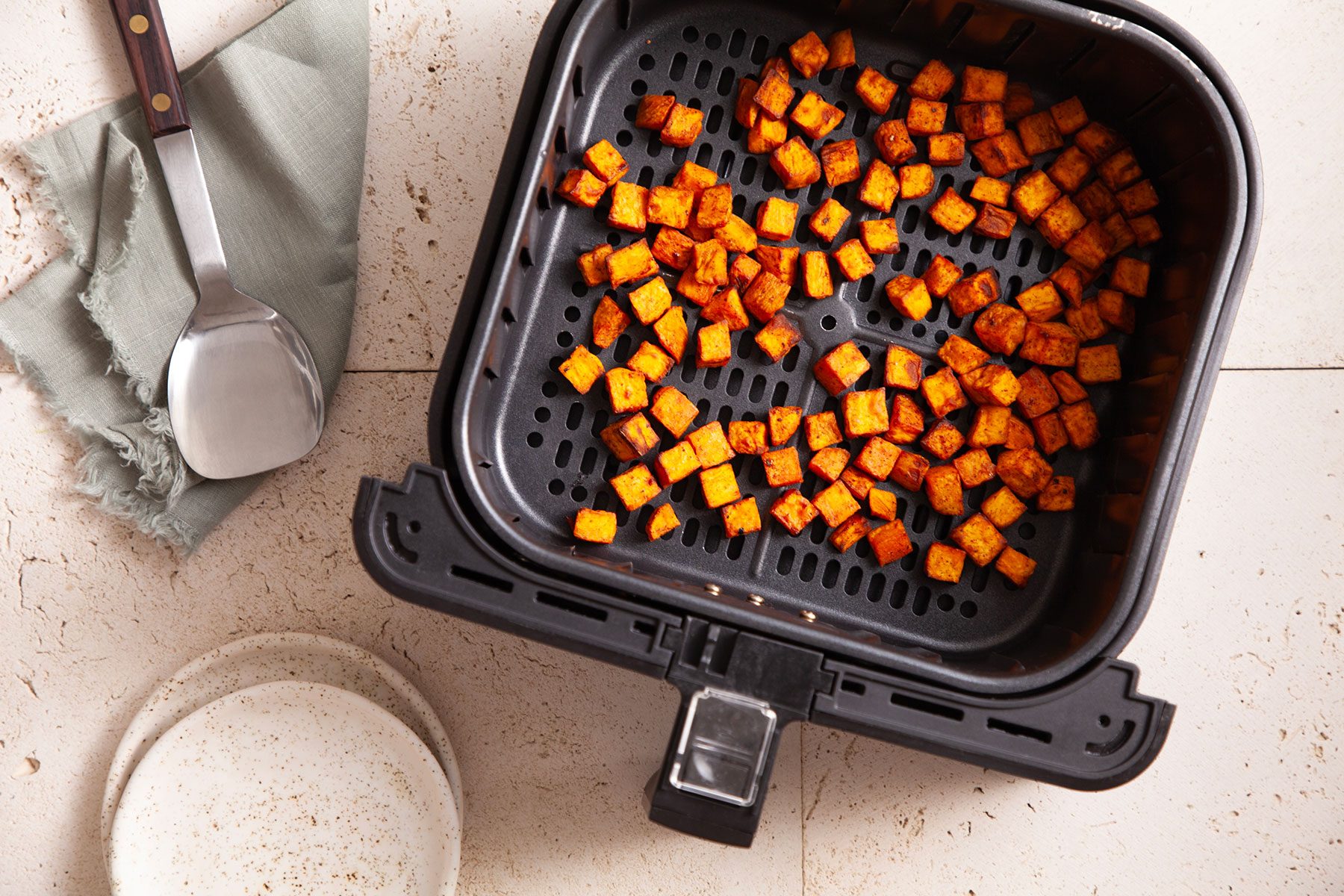 Sweet Potato cubes in an air fryer