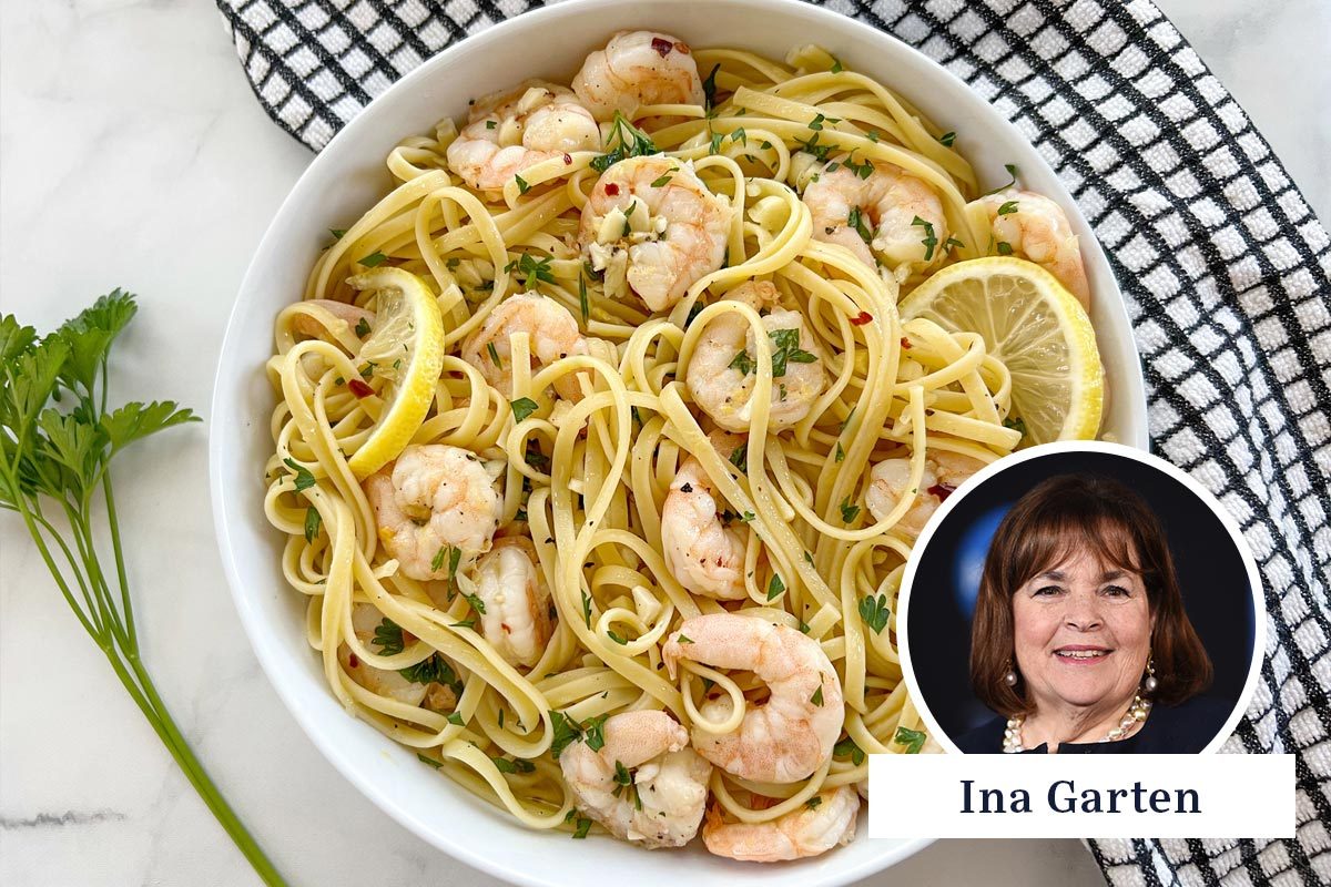 Bowl of shrimp scampi with a portrait of Ina Garten in the corner