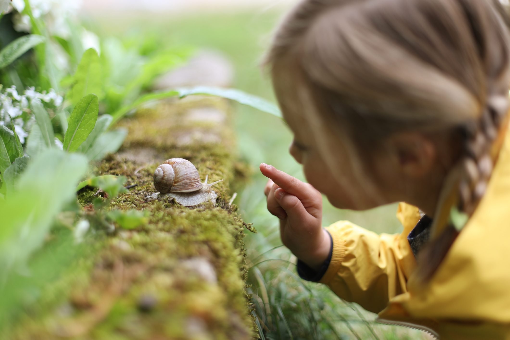 A girl observing a snail
