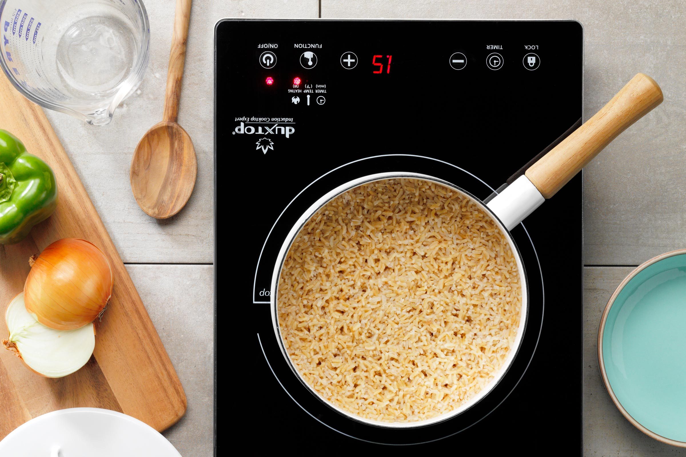 top view of rice cooking