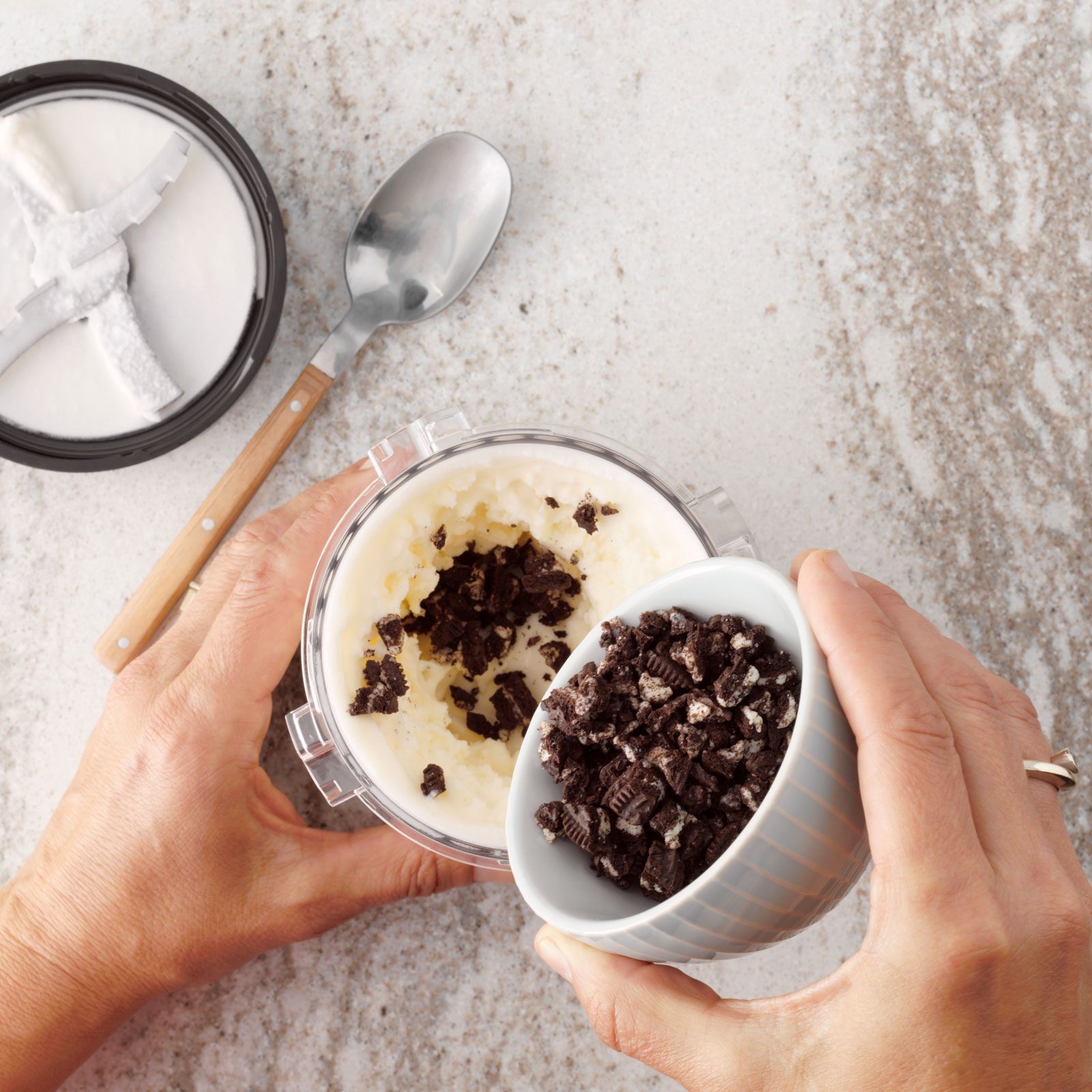 adding cookies to the ice cream in the Ninja Creami