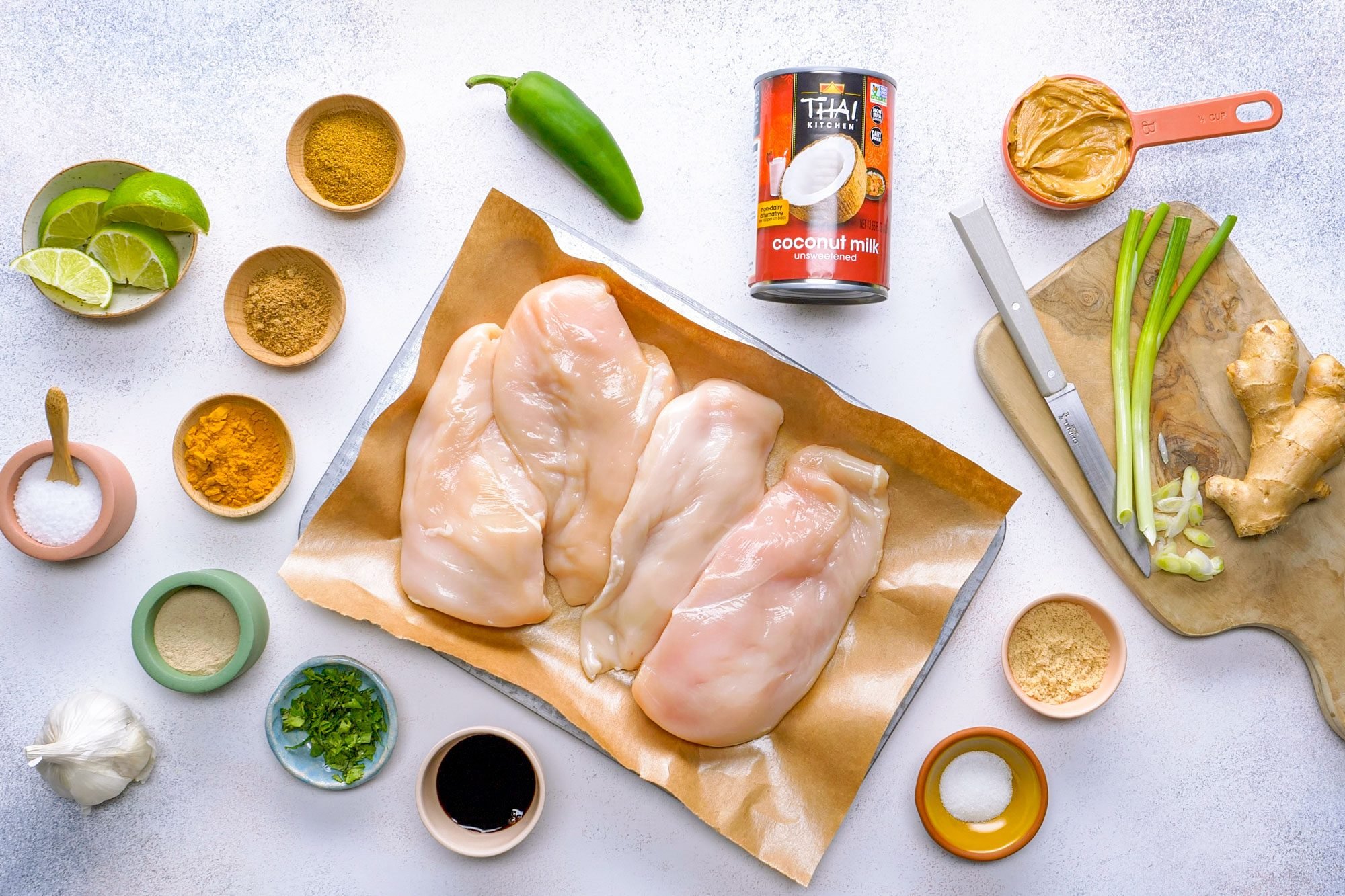 All Ingredients to make Chicken Satay With Peanut Sauce Shot From Above