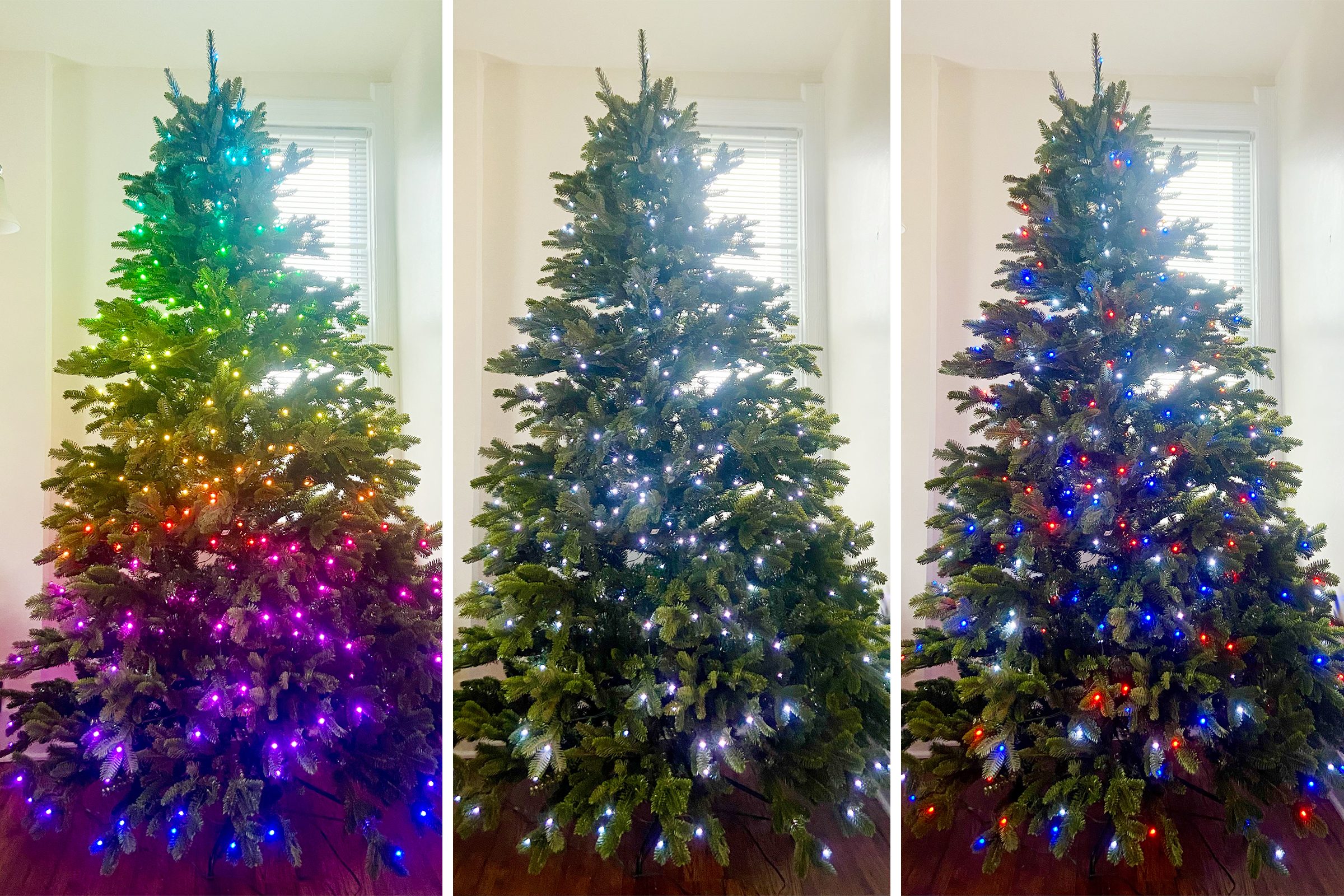 three different light settings on smart twinkly tree