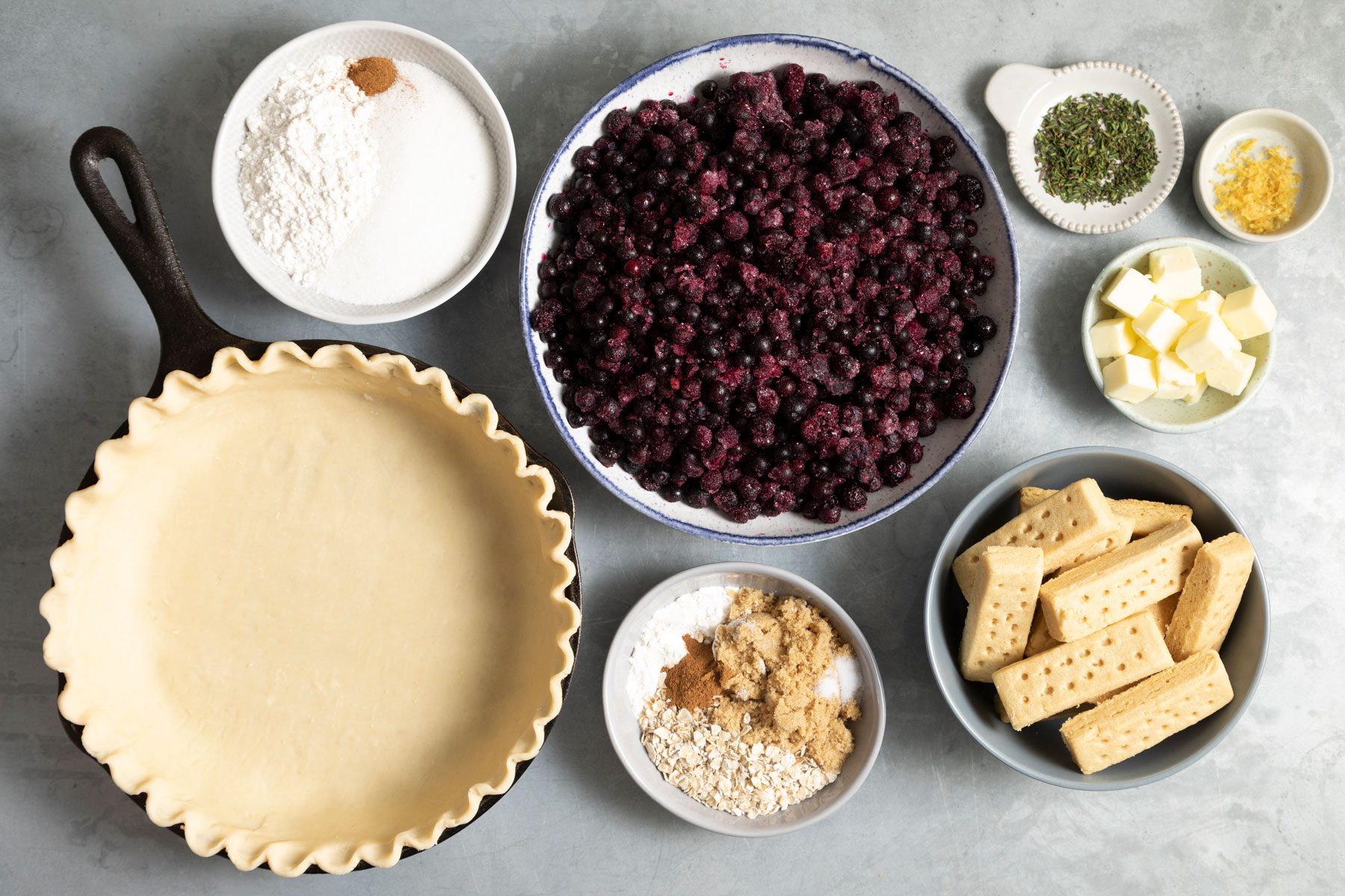 Ingredients for the Blueberry Crumble Pie on a table